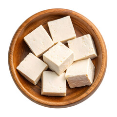 Fresh paneer cubes in wooden bowl aerial view