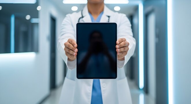 un hombre con una bata blanca sosteniendo un tel&eacute;fono celular