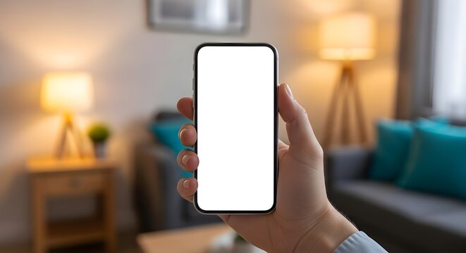Mano que sostiene el tel&eacute;fono inteligente con pantalla blanca en blanco en la sala de estar