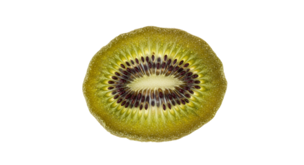 Translucent Kiwi Slice: A Detailed Close-Up of Nature's Green Gem on White Backdrop