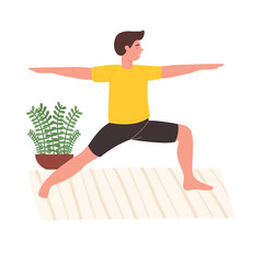 Isolated young man doing warrior yoga pose on mat with plant for healthy lifestyle vector illustration