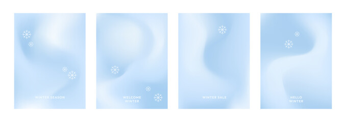 Set of soft blue winter backgrounds featuring smooth gradients and delicate white snowflakes. Minimal, calming, and modern seasonal designs ideal for holiday promotions, winter sales, social media.