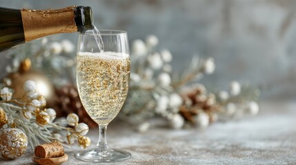 Champagne bottle pours sparkling drink into a glass during a festive christmas party
