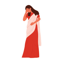 Isolated sad Indian woman in red saree holding head and stomach, emotional concept vector illustration