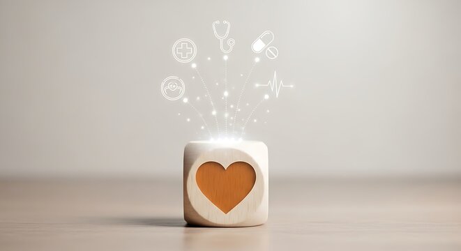 Wooden cube with heart cutout emitting glowing medical icons above