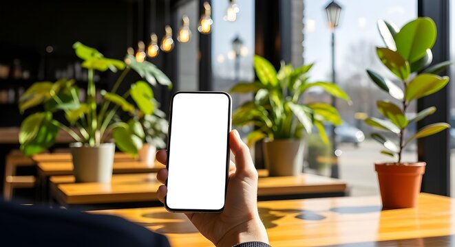 Imagen de maqueta UI UX de un teléfono inteligente con pantalla transparente en blanco, en las manos en una mesa en un acogedor ambiente de cafetería o restaurante.
 Para aplicaciones de catering o re
