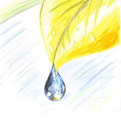 Close up of a yellow leaf with a falling water droplet