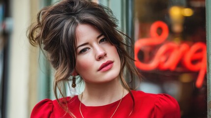 A young woman in a red dress poses for the camera. A storefront is visible in the background with bright neon lights spelling out a word in cursive
