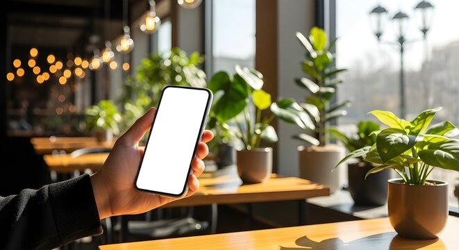 Imagen de maqueta UI UX de un tel&eacute;fono inteligente con pantalla transparente en blanco, en las manos en una mesa en un acogedor ambiente de cafeter&iacute;a o restaurante.
 Para aplicaciones de catering o re