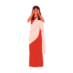 Isolated Indian woman in traditional sari holding head, expressing stress or headache vector illustration