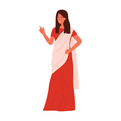 Confident Indian woman in red and white sari standing isolated on white background vector illustration