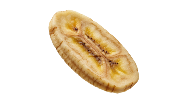 Detailed close-up showcasing a cross-section of a ripe banana against a clean white backdrop with focus on its inner structure