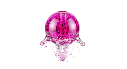 Artistic glass sphere containing vibrant pink liquid and suspended black particles presents a visually striking and captivating abstract composition