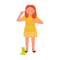 Crying child in yellow dress after dropping green ice cream isolated on white background vector illustration