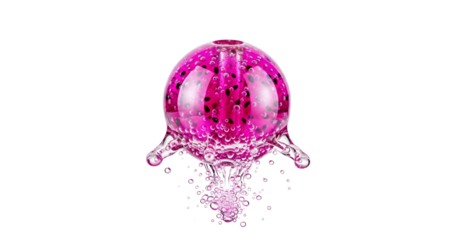 Artistic glass sphere containing vibrant pink liquid and suspended black particles presents a visually striking and captivating abstract composition