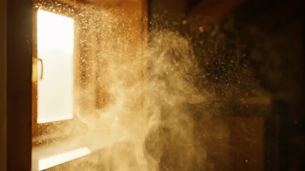 A warm, sunlit indoor scene captures floating dust particles illuminated by natural light streaming through a large window, creating a tranquil and cozy atmosphere.