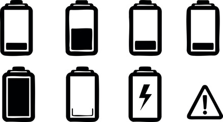 Battery icons vector set low charge warning level power energy design symbols
