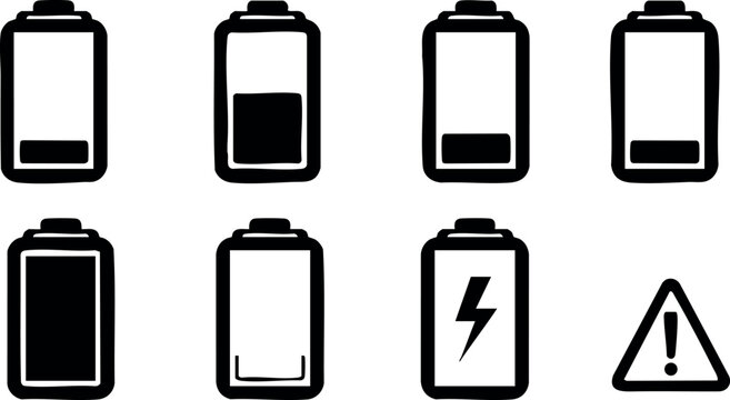 Battery icons vector set low charge warning level power energy design symbols