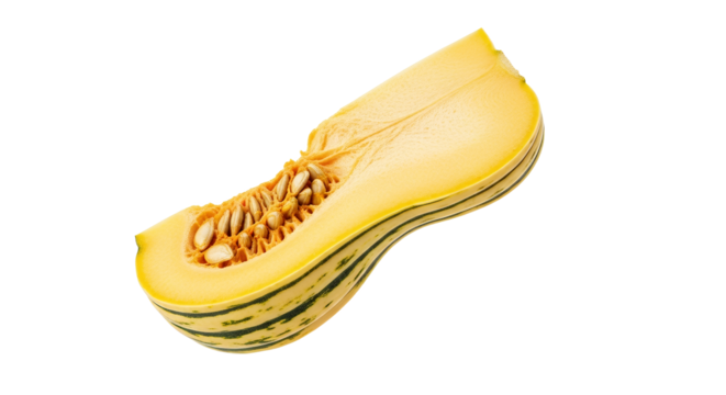 A Delicata Squash Slice Isolated on White Displaying Yellow Interior Flesh and Seeds Perfect for Recipes, 80 Characters