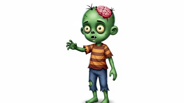 Cartoon zombie boy with exposed brain isolated on white background
