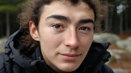 A young person with curly hair and a jacket stands in an outdoor setting. They appear to be hiking in a forest, based on the background