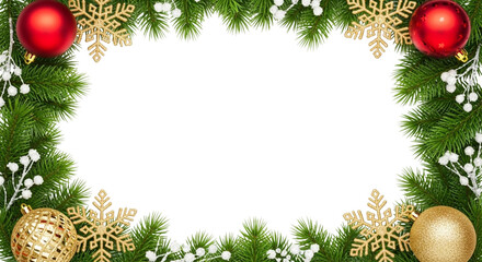 Christmas frame border made of green fir tree branch decorated with red and gold ornament ball and snowflake cutout isolated on transparent background