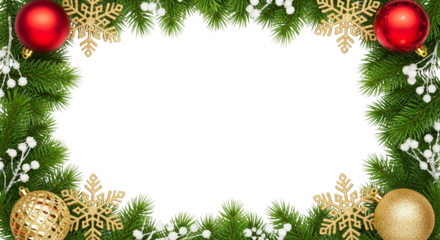 Christmas frame border made of green fir tree branch decorated with red and gold ornament ball and snowflake cutout isolated on transparent background