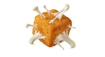 Crispy cube of fried deliciousness, mozzarella lava explodes from a perfect sphere, culinary cheese eruption, a golden globe isolated in pure white