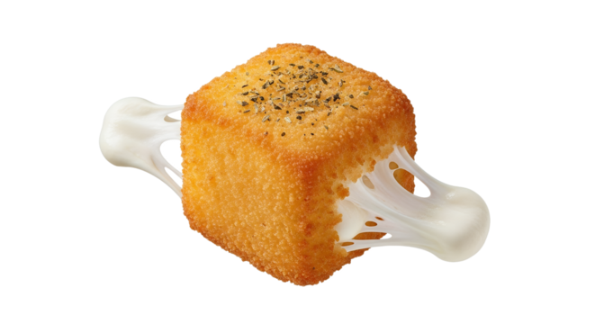 Golden-Crusted Mozzarella Cube: A Culinary Fusion of Crisp Texture and Creamy Interior with Melted Cheese Pulls Exuding from Edges