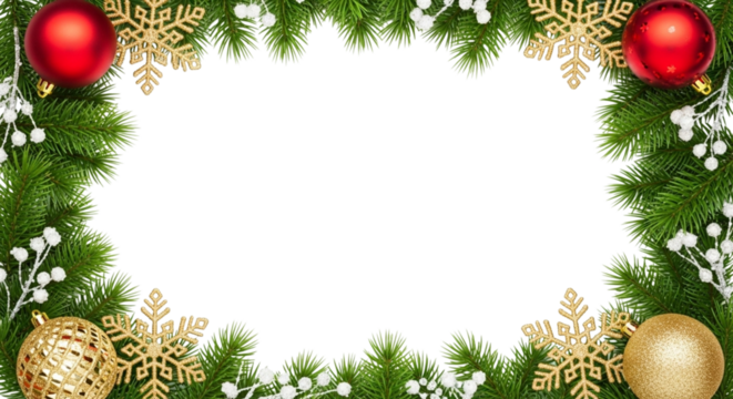 Christmas frame border made of green fir tree branch decorated with red and gold ornament ball and snowflake cutout isolated on transparent background