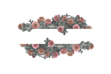 white background with a bush of pink roses in pastel colors with copy space