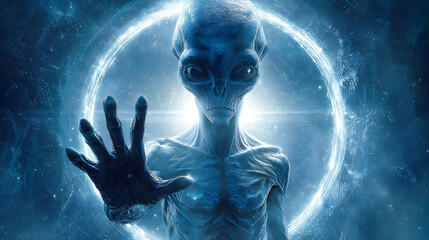 Mysterious alien being emerging from glowing portal in cosmic scene