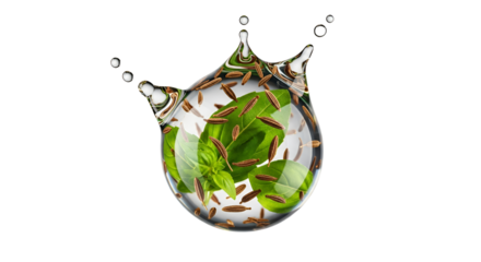 Aromatic basil leaves and cumin seeds encased in a pristine water droplet suspension of refreshing culinary infusion