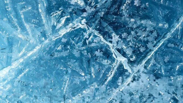 Macro texture of frozen blue ice surface with white cracks and patterns.【Generative AI】
