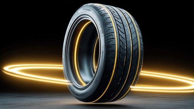 High-performance tire with sleek design, showcasing intricate tread patterns and glowing accents, spinning against a dark background, emphasizing speed and innovation in automotive technology