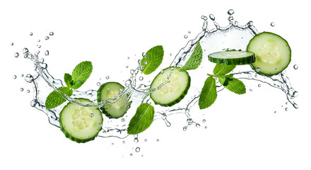 Refreshing splash of water with cucumber slices and mint leaves for summer beverages