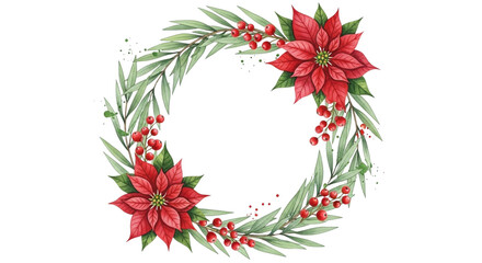 Watercolor christmas wreath with two red poinsettia flowers, green foliage, and small red berry accents, isolated on transparent background