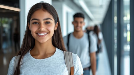 A happy young woman with a backpack smiles in a hallway. Classmates are walking behind her in a modern school or university setting