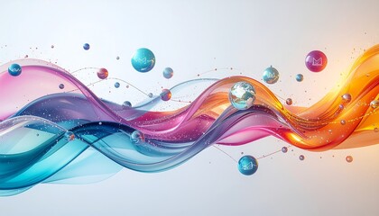 Colorful flowing ribbons and glossy spheres create a vibrant abstract composition representing digital trends and futuristic technology