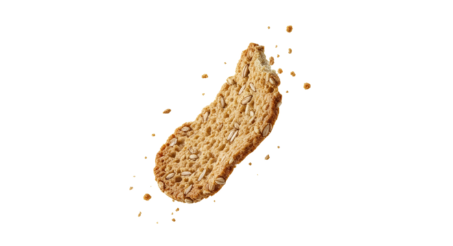 Delicate crunch of a wholesome multigrain cracker suspended against a pristine backdrop showcases its texture and healthy ingredients