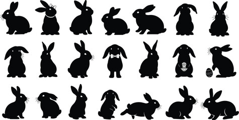 Set of cute Easter bunny silhouettes, including rabbits with bow ties, whiskers, and decorative eggs, perfect for holiday decoration vector illustration.