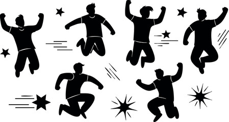 Silhouettes of jumping people with stars around energetic movement vector illustration