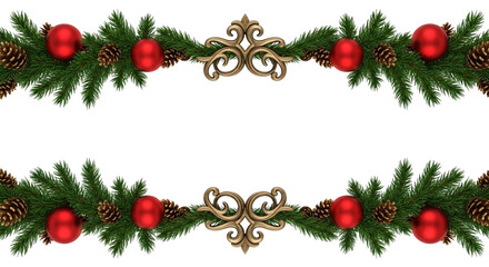 Christmas garland border design with green fir branches, red baubles, pine cone, and gold ornament isolated on transparent background for holiday decoration