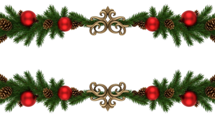 Christmas garland border design with green fir branches, red baubles, pine cone, and gold ornament isolated on transparent background for holiday decoration