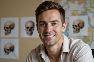happy young male anthropology teacher or student smiling in a classroom with human skull anatomy charts in the background