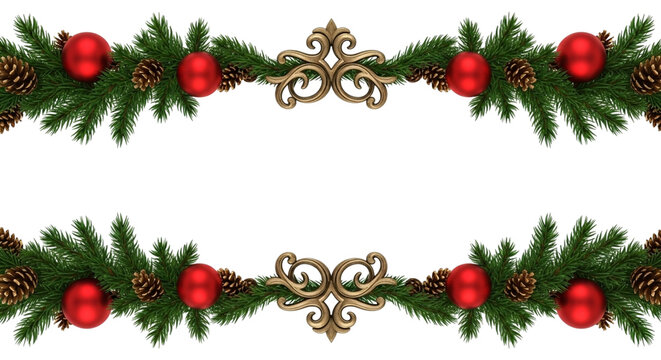 Christmas garland border design with green fir branches, red baubles, pine cone, and gold ornament isolated on transparent background for holiday decoration