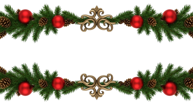 Christmas garland border design with green fir branches, red baubles, pine cone, and gold ornament isolated on transparent background for holiday decoration