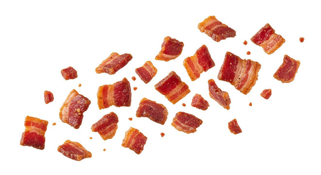 A Scrumptious Array: Crispy Bacon Bits Cascade Against a Pristine White Canvas backdrop showing their delicious nature and inviting aroma creating a