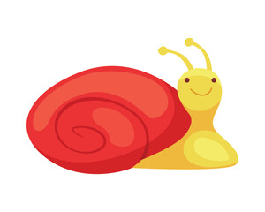 Smiling yellow snail with bright red shell on white background, isolated vector illustration