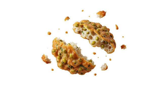 Elevated view of a split pea fritter with scattered crumbs against a crisp white background highlighting its culinary appeal and homemade aesthetic